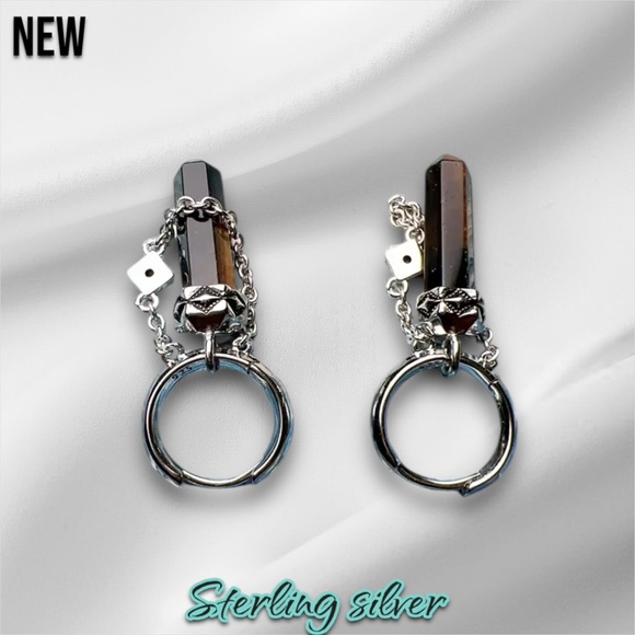 New .925 Sterling Silver Tiger's Eye Stone Hoop Earrings - Picture 5 of 6